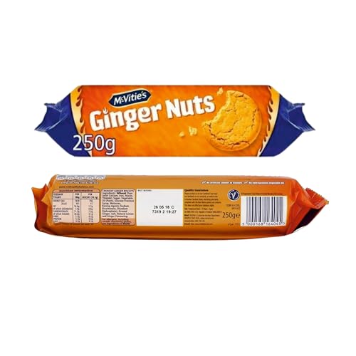 Mcvities Digestive Biscuits Ginger Nuts - 250g - Ginger Cookies made with Real Ginger Suitable for Digestive Cookies, British Snacks, Irish Cookies, British Biscuits - Ginger Cookie (Pack of 5)