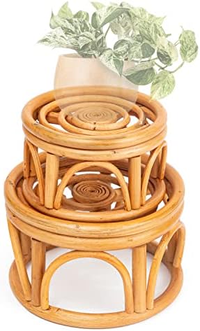 KUTORKILL Set of 2 Small Boho Rattan Woven Round Riser Plant Stand Indoor | Rustic Farmhouse Natural Rattan Circle Pedestal For Decor & Display | Indoor Decorative Round 6.0" & 4.0" Accent Centerpiece For Home, Kitchen, Tabletop, Office Decor