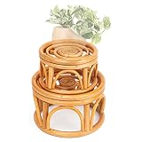 KUTORKILL Set of 2 Small Boho Rattan Woven Round Riser Plant Stand Indoor | Rustic Farmhouse Natural