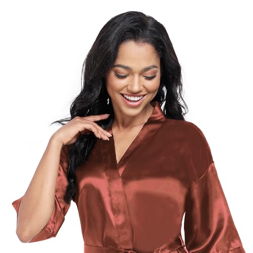 Image of Women's Short Satin Robes Lightweight Silky V-Neck Sleepwear Wedding Bridal Party Bride Bridesmaid Bathrobes