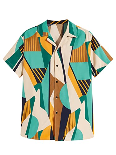 Romwe Men's Casual Geo Graphic Print Short Sleeve Button Down Shirt Top Green Colorblock L #TOP20