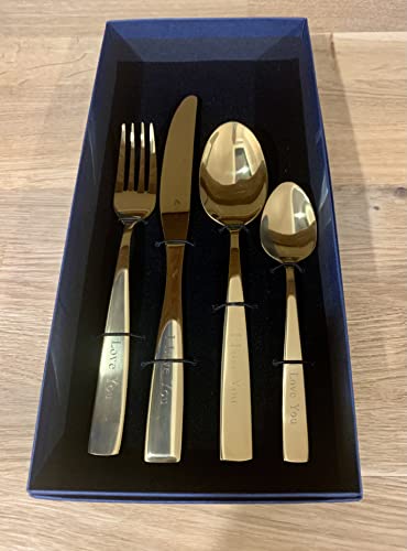 Gold Titanium Plated Personalised Engraved Adult Cutlery Set 4 Piece with Bespoke Presentation Box Professionally Engraved