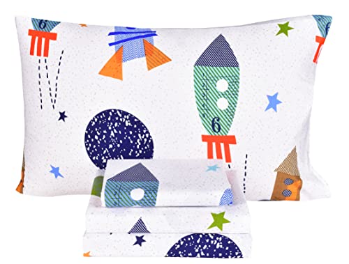 Image of Scientific Sleep Outer Space Airship Rocket Star Explore Teen Boys Girls Cotton Cotton Full Bed Sheet Set, Flat Sheet & Fitted Sheet & Pillowcase Bedding Set (Space, Full)