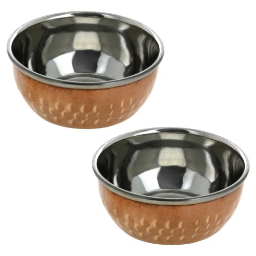2 Handmade Indian Stainless Steel and Copper Serving Bowl Set - Unique Traditional Home Kitchen Gifts