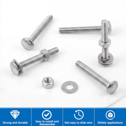 Image of Zonon Stainless Steel Carriage Bolts and Nuts Kit Round Head Square Neck Carriage Bolts Screws and Hex Nuts and Flat Washers, Stainless 18-8 Full Thread Coverage(1 /4-20 x 2,Silver,50 Sets)