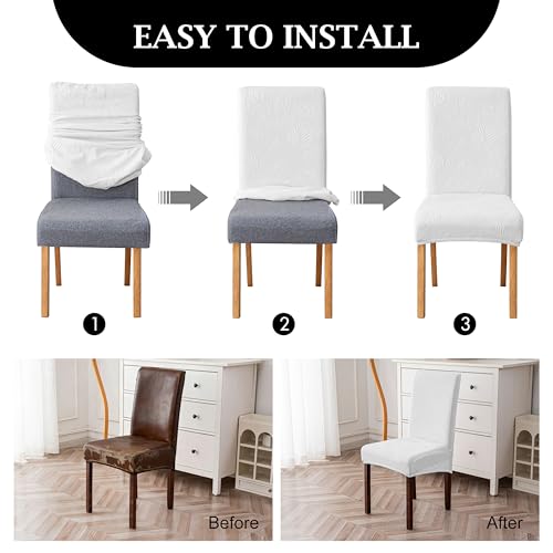 Image of Genina Waterproof Dining Chair Cover Set of 6,Kitchen Chair Cover,White | Stretch Dining Room Chair Slipcovers with Leaf Jacquard,Removable Kitchen Chair Protector for Home,Restaurant,Banquet
