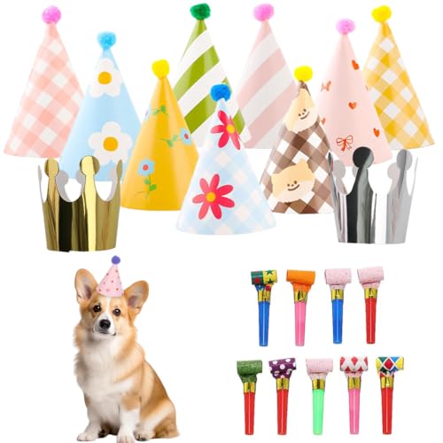 KIRZAX 20 Piezas Set Gorros de Fiesta Infantil, Gorros de Papel (Corona & Cône) con Pompon, Sifflets Cumpleaños, para Fiestas Familiares (Niños & Adultos)
