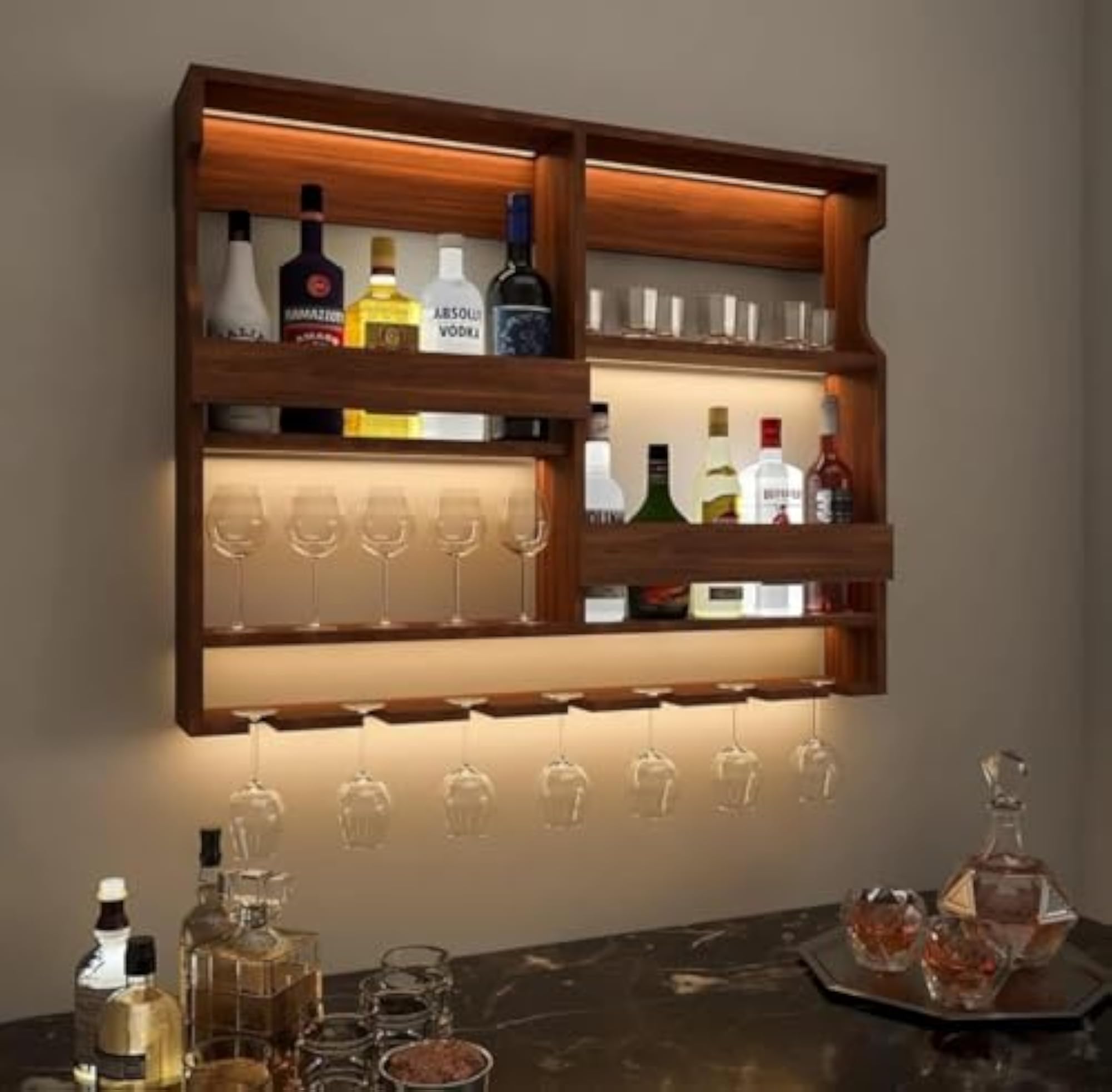 Wooden Wall Mounted Wine Rack with Glass Storage