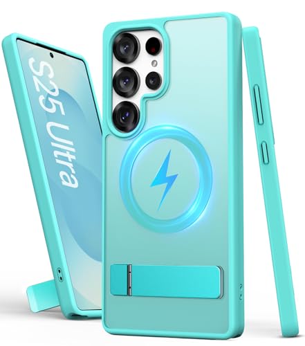 Image of Vihibii PC,Silicone for Samsung Galaxy S25 Ultra Magnetic Back Cover with Kickstand,Compatible with Magsafe & Rugged Shockproof Protective Back,Translucent Matte Phone Case for S25 Ultra 2025,Teal