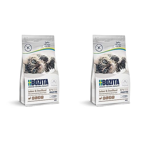 BOZITA Indoor & Sterilised Getreidefrei mit Rentier - Trockenfutter für Erwachsene hauptsächlich drinnen lebende Katzen, 0.4 kg (Packung mit 2)