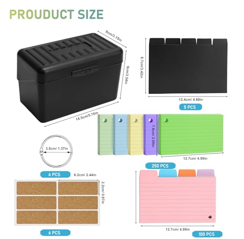 Lernkarteibox Schwarz, Index Box Black, Karteikasten Box, 355 Karteikarten, 5 Trennkarten und 6 Aufkleber, für Unterwegs, Lernen, Notizen, Schule, Büro und Zuhause