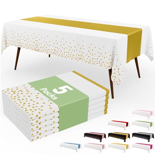 Image of Smiry Plastic Table Cloth Disposable 5 Pack, 54 x 108 Inch Rectangle Waterproof Tablecloth, Printed Gold Table Runner Style for Birthday Weeding, Party Decorations, Leakproof & Sturdy, White and Gold