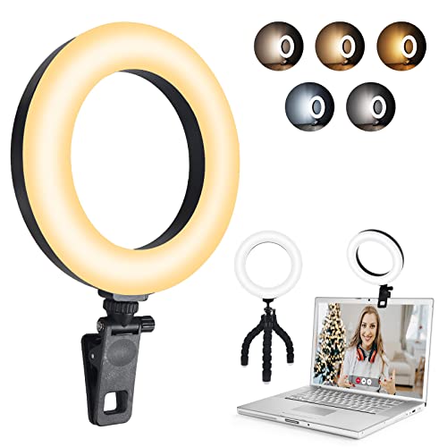 Ringlicht Laptop, 6“ Videokonferenz Licht Beleuchtungsset mit Stativ & Clip, 5 Farbe Modi 15 Helligkeitsstufen Selfie-Licht, Dimmbar Videoleuchte Monitor Beleuchtung für Videoanruf, Schminken, YouTube Cover