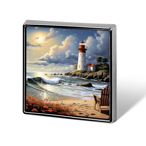 Preisvergleich Produktbild Quadratische Anstecknadeln, Metall, Motiv: Leuchtturm und Sandstrand, bedruckt, quadratisch, Brooceh-Abzeichen für Rucksäcke oder Revers, Valentinstagsanstecker, Reverszubehör, 1,8 x 1,8 cm, Aluminium