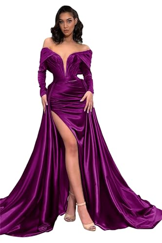 Zeeyecie V-Neck Satin Prom Dresses with Slit 3D Flower Beaded Sequin Sparkly Mermaid Long Evening Formal Ball Gowns