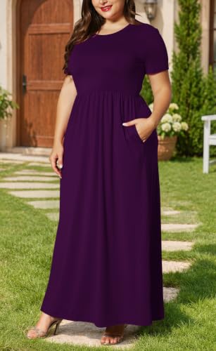 Image of KARALIN Women Plus Size Maxi Dress Short Sleeve Round Neck Loose Fit A-Line | Plus Size Long Dress,Summer Casual Maxi Dresses,Short Sleeve,Side Pockets,Round Neck,Elastic Waist,14 Plus - 26 Plus