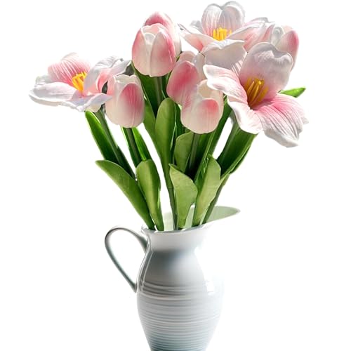 OHYER Tulipanes Artificiales de Seda con Tallos Tulipanes Artificiales Multicolor de látex de Tacto Real Tulipanes Falsos de látex de Tacto Real Kit de Ramo de Flores (10, Tulipán-Rosa)