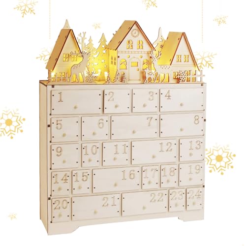 Image of Christmas Wooden Advent Calendar House,Large Xmas Wooden Advent Calendar with LED Lights 24 Storage Drawers for Kids Adults Christmas Decoration (A)