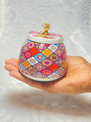 Image of Hammered Metal bowl with crystal Lid | Pichwai Jars | Return Gift | House Warming | Pooja | Wedding | Baby Shower | Birthday (Multi Color - Non Airtight Jar (Pack of 8))