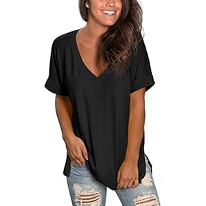 SAMPEEL-Womens-V-Neck-T-Shirt-Rolled-Sleeve-Side-Split-Tunic-Tops SAMPEEL Womens Tops Blouses Plus Size Short Sleeve Flowy Summer T Shirts Black XXL