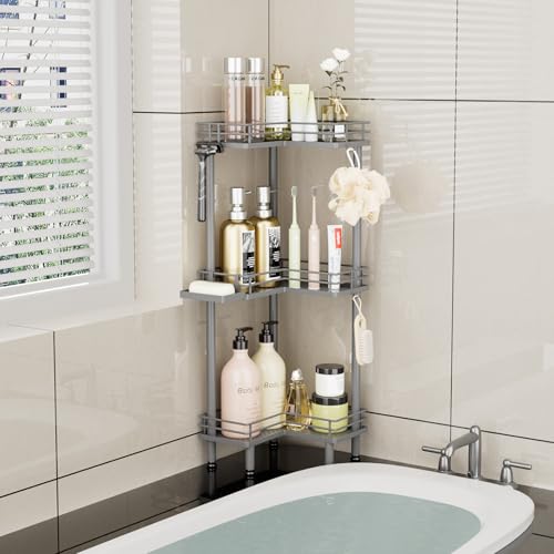 Image of Consumest Corner Shower Caddy Standing - 3-Tier Stainless Steel Shower Organizer with Soap Holder and 4 Hooks, Large Capacity Corner Shelf Stand for Bathroom, Rest Room, Grey