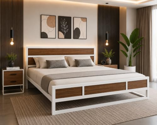 Image of King Size Metal Bed Frame with Wood Finish Headboard & Footboard | Heavy Duty Steel Platform Bed | White Powder Coated Frame | Noise Free | No Box Spring Required | Easy Assembly (White)