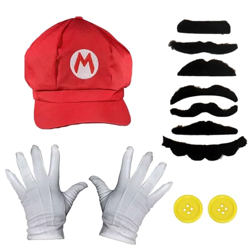 GWAWG Mario Luigi Costumes Sets, Mario Hat Luigi Hat Moustache White Gloves Costume Accessories Mario Bros Fancy Dress for Adults Kids Halloween Carnival Cosplay Birthday Party (Red)