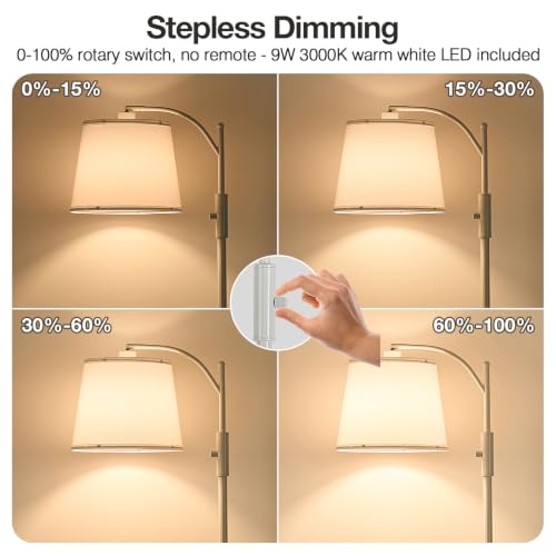 Image of AIDENOEY Fully Dimmable Floor Lamp for Living Room,Standing Lamp Rotary Switch with Table&Linen Beige Shade, White Tall Lamps for Bedroom with Adjust Head,9W LED Bulb Included