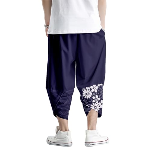 Image of DOSLAVIDA Men's Japanese Kimono Cardigan Suit Chinese Style Printed Jacket Pants Set Open Front Seven Sleeve Top & Shorts