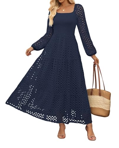 Women's Fall Long Puff Sleeve Maxi Dress Smocked Square Neck Lace Hollow Out Eyelet A Line Boho Flowy Wedding Guest Dresses