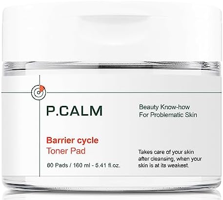 PCALM Barrier Cycle Vegan Facial Toner Pad 60 Pads 5.41 Fl Oz Gentle Korean Skin Toner Calming Hydrating Soothing Sebum Care Exfoliates Great for All Skin Oily Acne-Prone Sensitive Dry Normal P.CALM