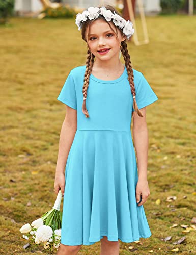 Arshiner Little Girls Short Sleeve A Line Casual Skater Dress, Blue, 140(Age For 10-11Y) #TOP1