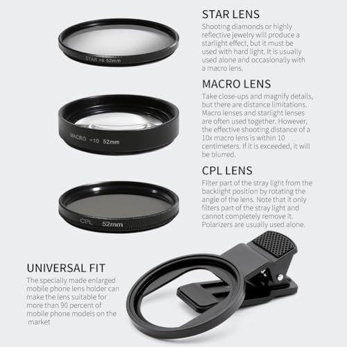 52mm Clip-on Phone Camera Lens Filter, 3 in 1 Kit: CPL, MACRO, STAR - Universal Cellphone Filter Compatible With iPhone/Samsung/Android Smartphones - Image 2