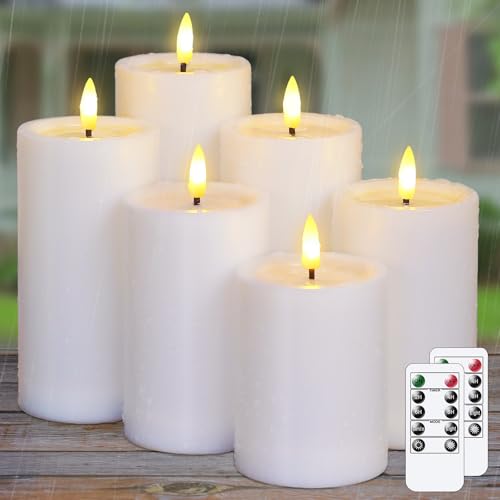 Image of Yeelida Outdoor 6pcs Flameless Waterproof Candles with Handy Remote Control, Cycle Timer Battery Operated Candle Grease Effect LED Flickering Pillar Plastic Long Lasting (White, 3 inch x4 inch 5 inch 5 inch 6 inch 6 inch 7 inch)