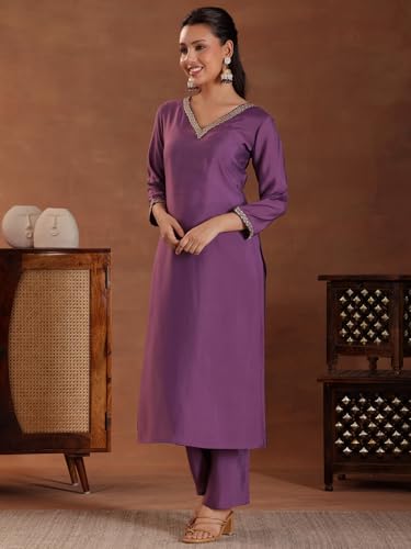 Image of Libas Womens Embellished Silk Blend Straight Kurta With Trousers and Dupatta | ethnic wear | bridal suit | wedding dress | occasion wear