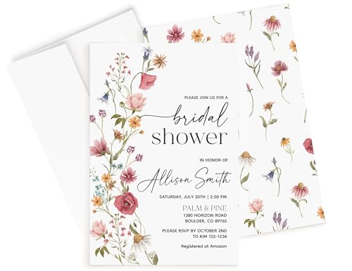 All Ewired Up Personalized Printed Watercolor Wildflower Bridal Shower Invitations – Custom Boho Floral Wedding Shower Invite Cards with Envelopes – Rustic Garden Flower Design on Premium Cardstock