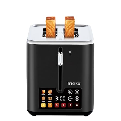 Image of Trisiko Touch Screen Toaster 2 Slice, 900W Digital Toaster with Countdown Timer, 1.38 in Wide Slots, 6 Browning Levels, Bagel, Defrost, Reheat, Cancel, Crumb Tray, Cord Wrap-Black