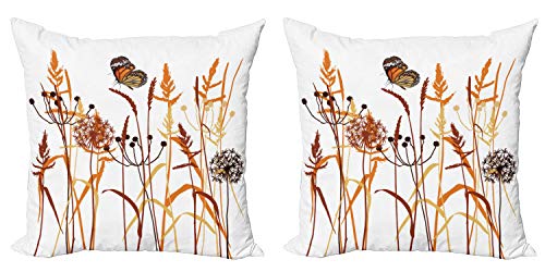 ABAKUHAUS Mariposa Set de 2 Fundas para Cojín, Composición con Hojas, con Estampado en Ambos Lados con Cremallera, 60 cm x 60 cm, Naranja Borgoña Blanca