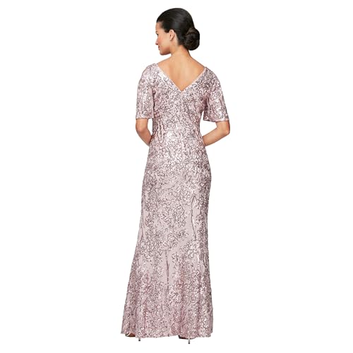 Image of Alex Evenings Women's Long Mother of The Bride Sequin Dress with Cold Shoulder Flutter Sleeves (Petite and Regular Sizes)