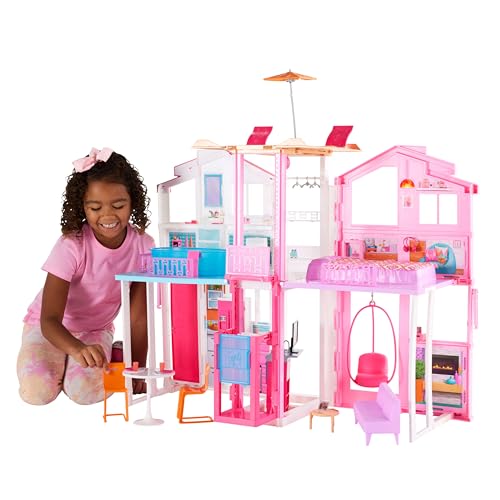 Barbie 3-Story Townhouse Dollhouse with Elevator, Swing Chair, Furniture and Accessories, Fold for Portability and Travel (Amazon Exclusive)