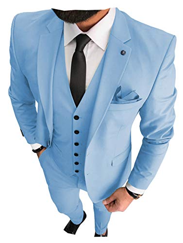 3 Pieces Business Mens Suit Notch Lapel Blazer Formal Wedding Groom Pants Tux Vest Tuxedos （38R,Light Blue #TOP27