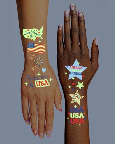 xo, Fetti Fourth of July Tattoos - 60 designs Glow in the Dark | Patriotic Party Decor, Red White Blue, USA Flag, Kids Birthday, American Independence Day, Temporary Tattoos