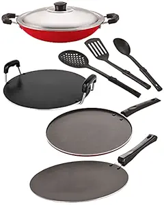 Nirlon Nonstick Coated Aluminium 7 Pcs Set of Concave Tawa-28.5cm,AppaChatti-22.5cm,Round Tawa-28.5cm,Smart Tawa-29cm & 3 Spoon (2.6mm_CT12_CHATTI_RT_ST12_3SPN)