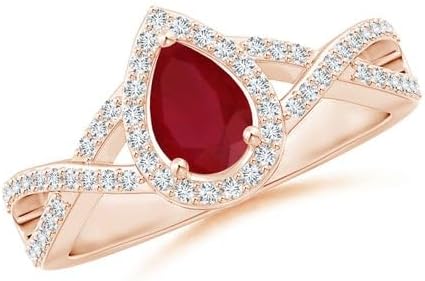 925 Sterling Silver Pear 6x4mm Red Ruby Gemstone Halo White Accents Crossover Women Designer Ring – Engagement Wedding Ring for Her