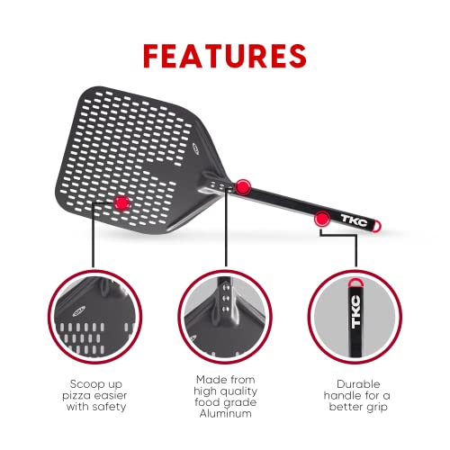 TKC Perforated Pizza Peel - 12" Metal Pizza Turner compatible with Ooni Ovens, Indoor & Outdoor Use, Durable and Heat-Resistant Handle, Lightweight Pizza Spatula (Black)