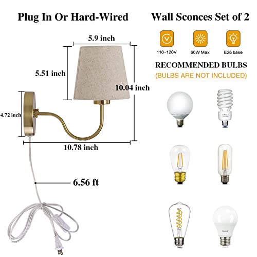 LASENCHOO Plug in Wall Sconces Set of Two, Modern Wall Lamp with Plug in Cord 6.56ft & On/Off Switch with Fabric Lampshade, Gold Sconces Wall Lighting Fixture for Bedroom Bedside Living Room Porch by LASENCHOO - Used condition - Image 6