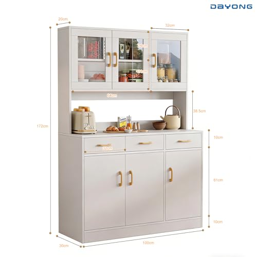DAYONG Multifunctional Dining Side Cabinet, Kitchen Storage Cabinet with Glass Doors, Pantry Cabinet with Storage Hutch and Drawers, Sideboard Buffet Cabinet for Home, Dining Room