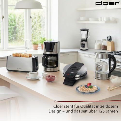 Foto von Cloer 1639SR Waffeleisen, Herzwaffel 15,5 cm Ø, doppelte Antihaftbeschichtung, zuckerresistent, 930 W, Backampel, praktische Standfunktion, hochwertiges Edelstahlgehäuse, Edelstahl
