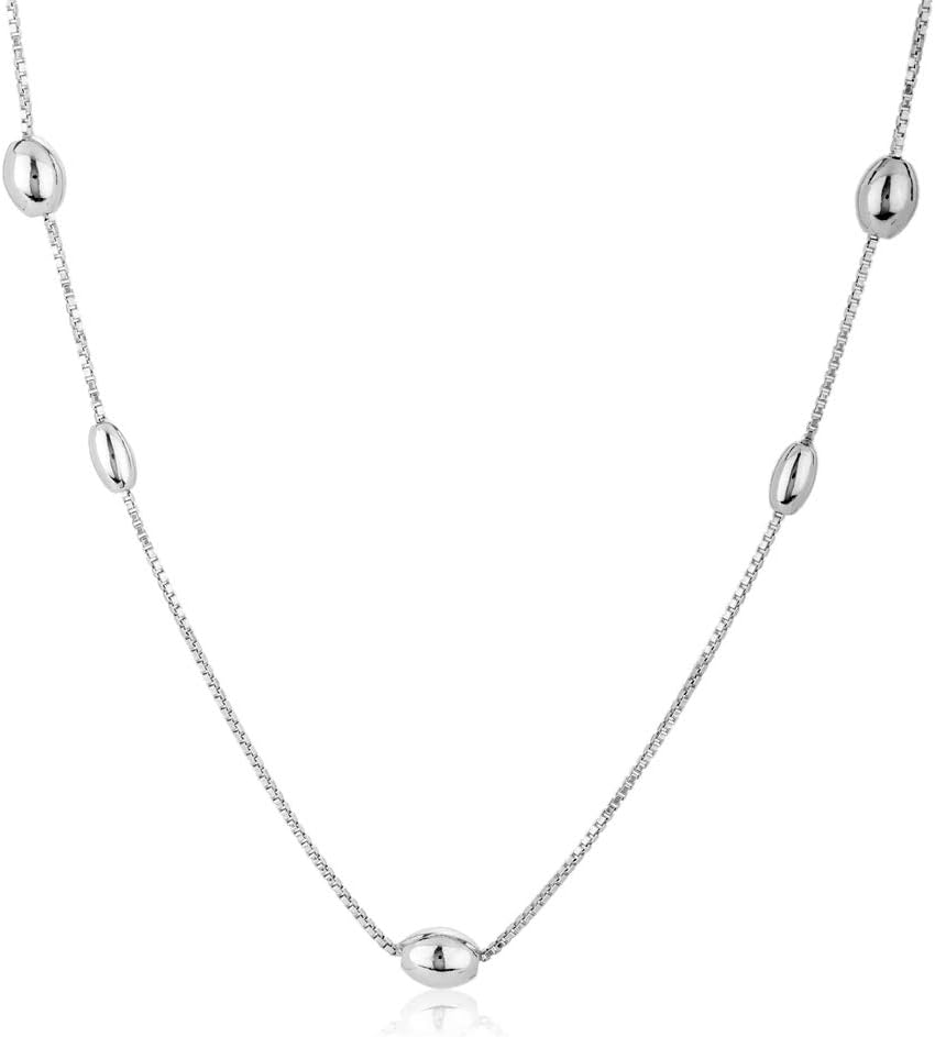 Vanbelle Sterling Silver Jewelry - Rhodium Plated with 925 Stamp - Stationed Oval Bead Long Necklace - Handcrafted Necklace for Women