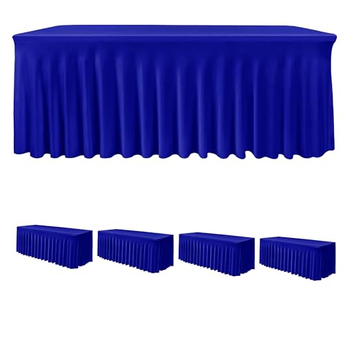 Image of HolidayIdeas Royal Blue 8ft Rectangle Spandex Tablecloth 4 Pcs Fitted Stretch Table Skirts 30x96 Inch, Ruffle Design Wrinkle-Free Polyester Table Cover for Banquets,Trade Shows, Parties, Events